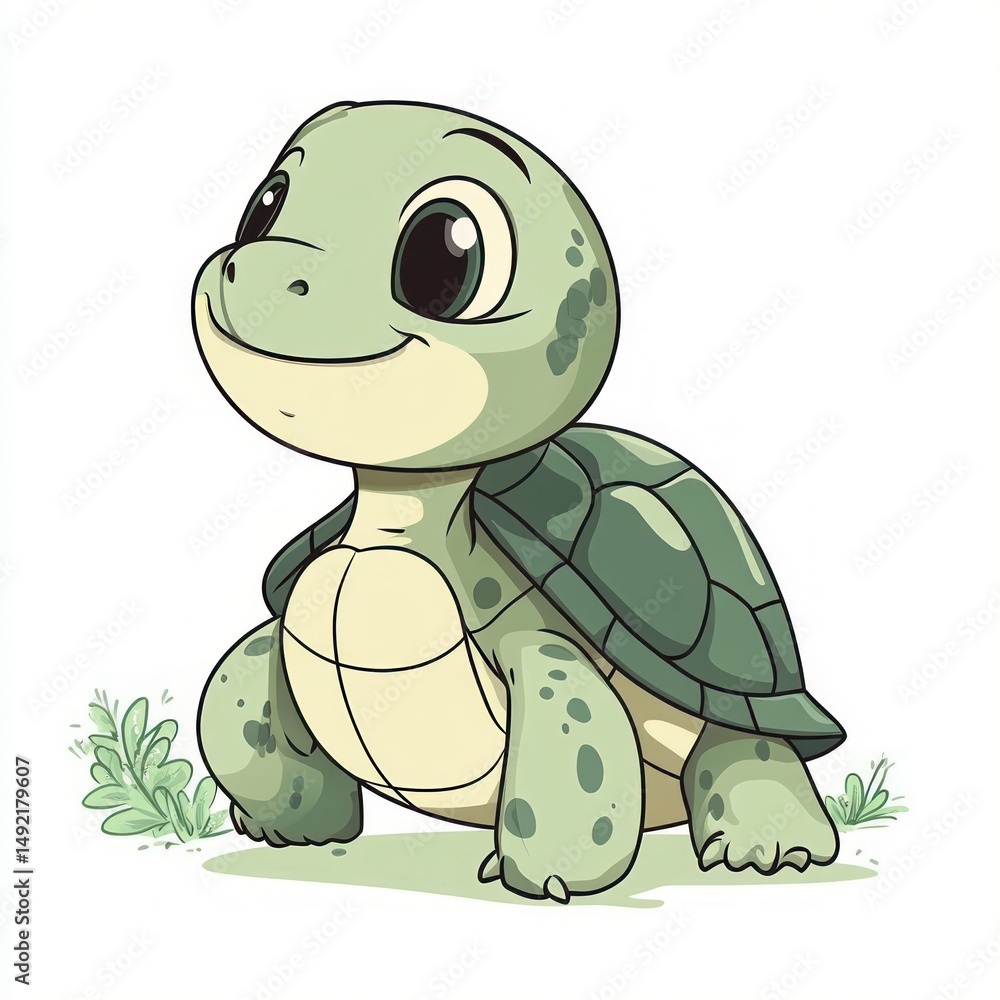 Fototapeta premium cute smiling baby turtle with big eyes walking near small green plants on white background