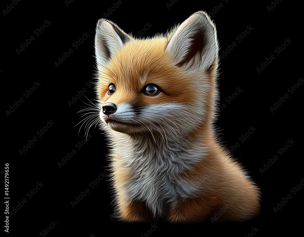 Portrait of a young fox with soft fur and bright eyes on a black background, evoking curiosity and innocence Portrait of a young fox with soft fur and bright eyes on a black background, evoking curiosity and innocence