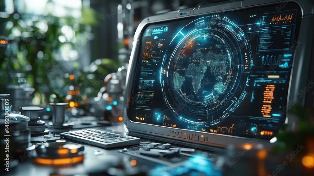 Fototapeta premium Futuristic workstation with interactive display