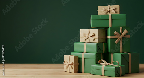 Christmas,  gifts,  presents, Stack of Green and Beige Christmas Gifts on Wooden Table