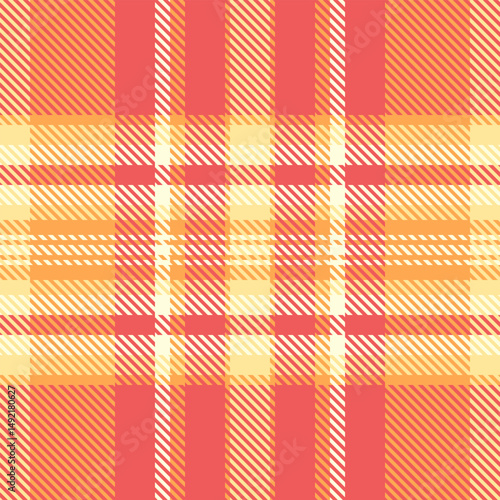 Uniform seamless check background, glamour vector textile pattern. Show fabric tartan plaid texture in red and orange colors.