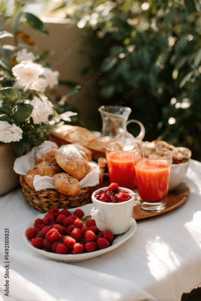 Delicious breakfast with fresh juice and raspberries outdoor table setup Delicious breakfast with fresh juice and raspberries outdoor table setup