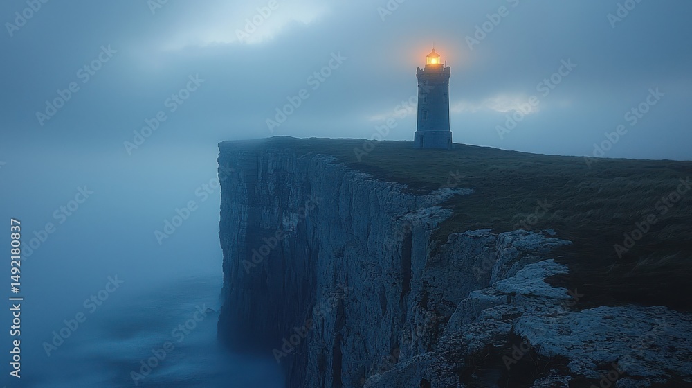 Fototapeta premium Misty lighthouse on cliff