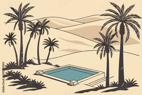 Mystical oasis in the desert with palm trees vector illustration