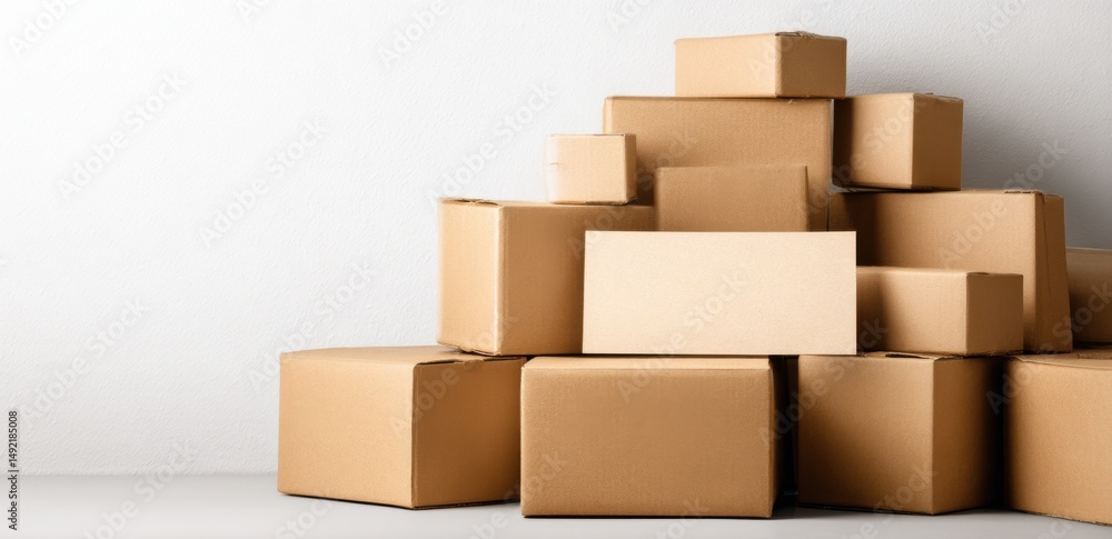 Stacked cardboard boxes on a white background, representing storage and organization in business logistics. Stacked cardboard boxes on a white background, representing storage and organization in business logistics.