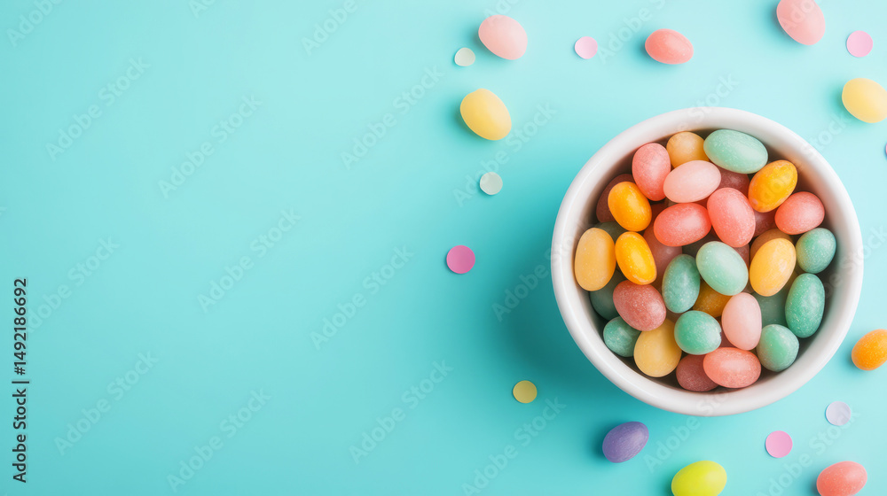 Obraz premium Colorful Easter Candy in White Bowl on Blue Background with Sprinkles and Confetti Decoration