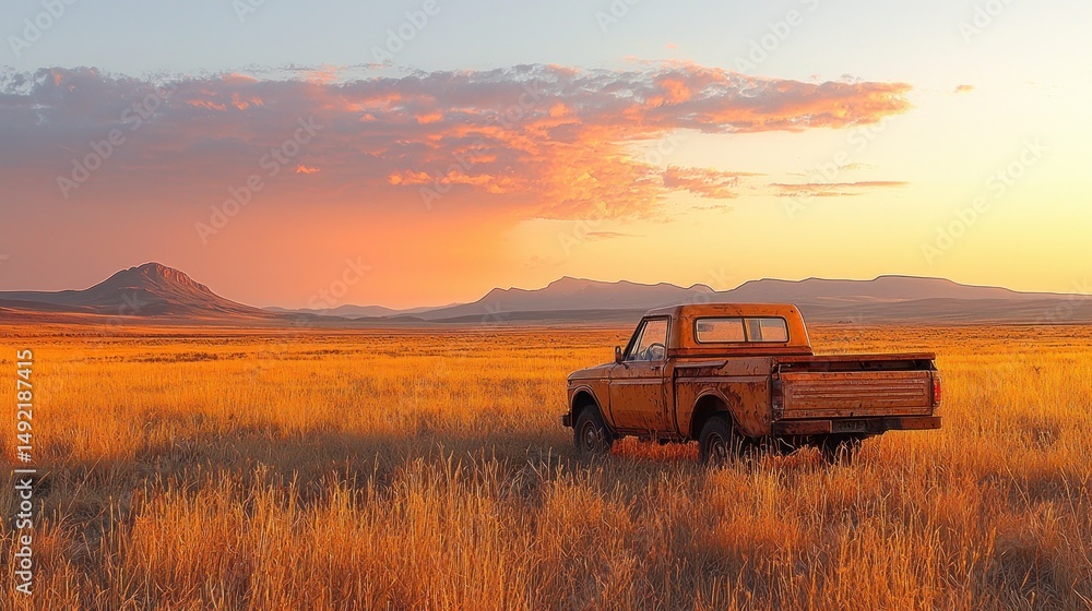 Fototapeta premium Rusty pickup truck at golden sunset