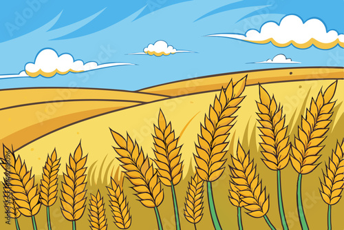 Vast wheat field swaying in summer breeze vector illustration