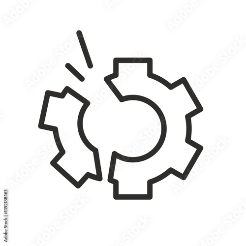 Broken gear. Crack gear icon. Thin line vector illustration.
