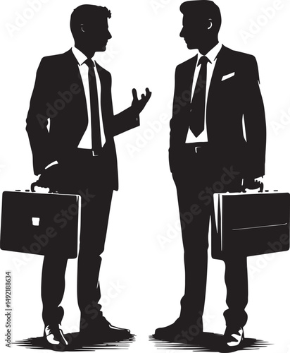 Silhouette of two businessmen in suits discussing with briefcases in black and white