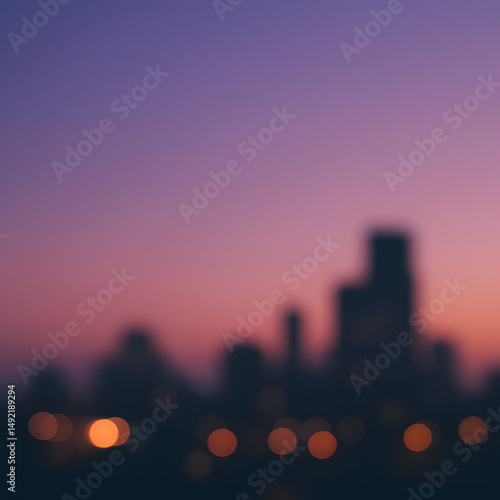 Defocused view of urban skyline at sunset with glowing city lights and deep purple-pink sky, evoking urban serenity..