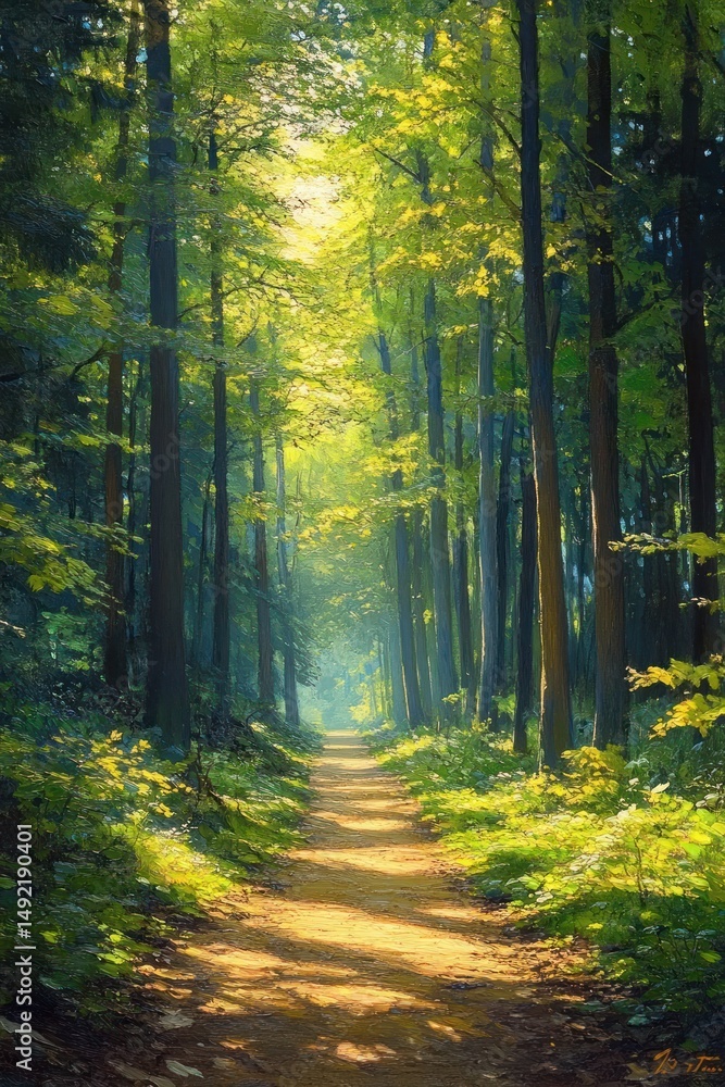 Obraz premium Sunlit forest path surrounded by tall trees with dense green foliage and dappled light creating a serene and peaceful atmosphere