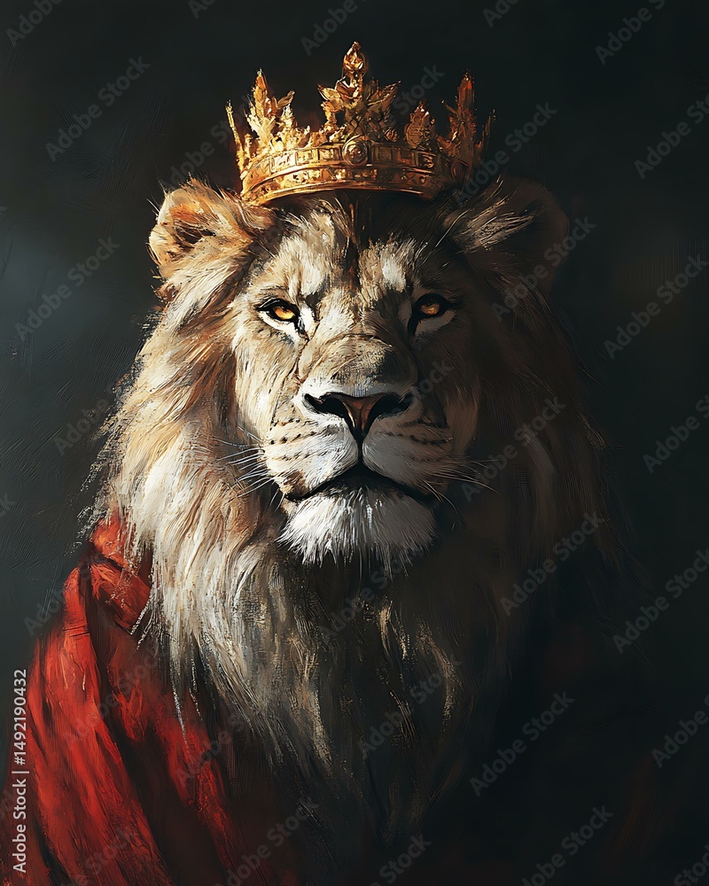 Naklejka premium elegant lion wearing golden crown and regal red cape, illustrated in soft tones with majestic shadow play Fantasy Animal Royalty Whimsical Pet Illustration Enchanted Storybook Portraits