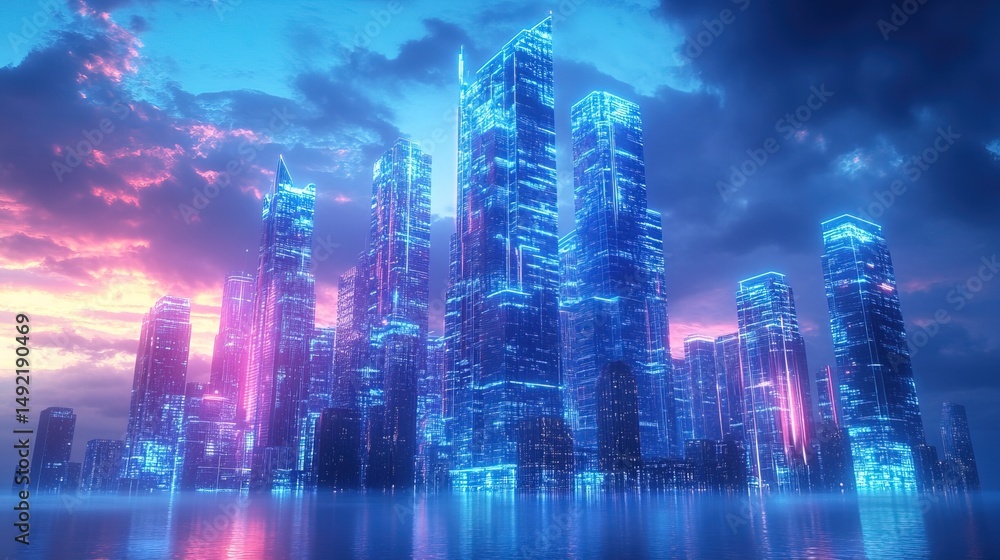 Fototapeta premium A glowing business skyscraper in the metaverse, representing a digital empire