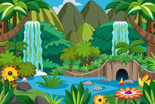 Dense jungle with hidden waterfall and exotic plants vector illustration