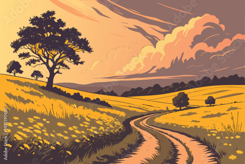 62 country road through golden field of flowers, dramatic storm clouds and sunset sky, cinematic landscape, detailed, realistic