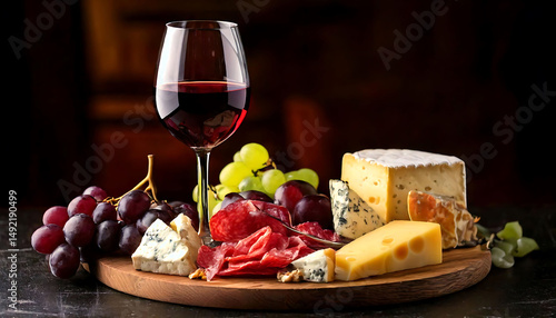 Fototapeta Naklejka Na Ścianę i Meble -  A tempting still life: red wine in a crystal glass alongside a gourmet cheese and charcuterie board featuring various cheeses, salami, grapes, and walnuts. Perfect for menus, wine lists, food blogs,