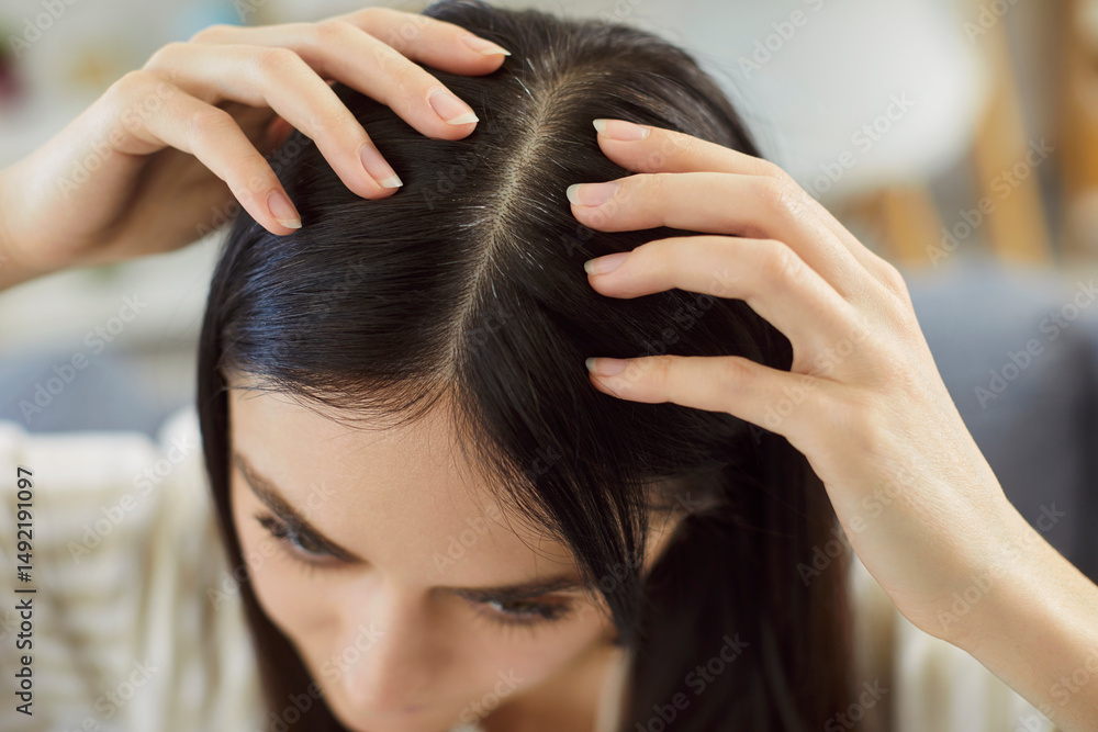 Obraz premium Woman checking head skin, damaged dry hair ends, dissatisfied by hairstyle, stressed girl worried by beauty problem, losing hair in need of treatment, trichology diagnosis, scalp disorder, diseases