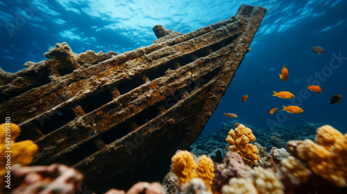 Sunken Ship Underwater with Coral Reef and Colorful Fish in Clear Blue Ocean Water