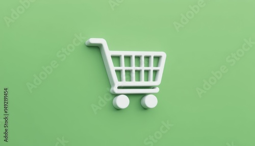 A minimalist white shopping cart icon on a green background, symbolizing e-commerce and online shopping, suitable for digital platforms.