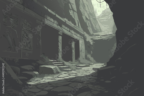 Forgotten cavern with ancient wall carvings vector illustration