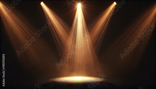 A dramatic array of warm spotlights casts golden beams onto an empty stage, ready for a performance or entrance moment..