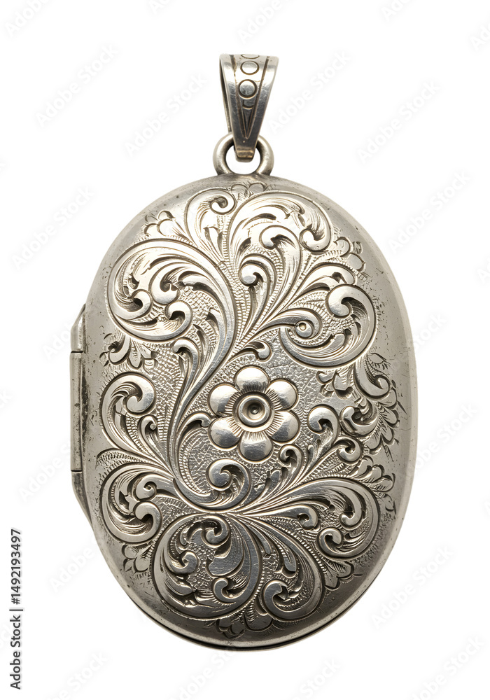 Fototapeta premium Oval Silver Locket with Engraved Floral Design, Transparent Background