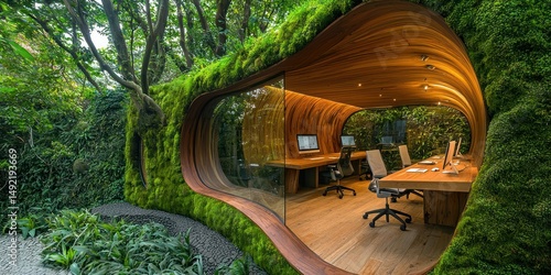 Eco-luxury office with moss walls, open wooden desks, and a curved glass meeting pod