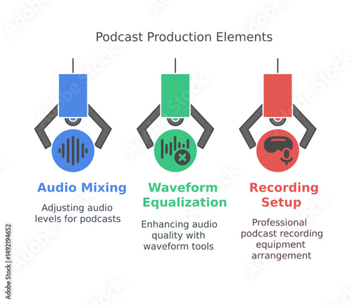 Podcast Production Elements. Illustrated representation of podcast production elements including Audio Mixing, Waveform Equalization, and Recording Setup