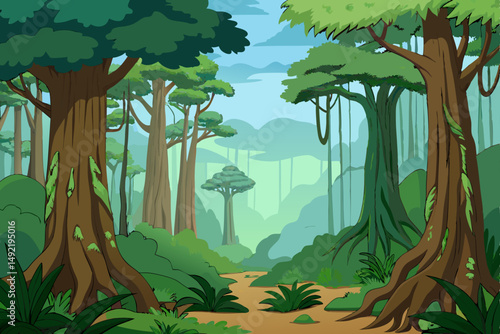 Ancient rainforest in morning mist vector illustration