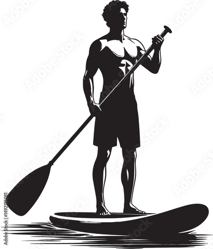 Silhouette of a muscular man stand up paddleboarding with paddle in monochrome style