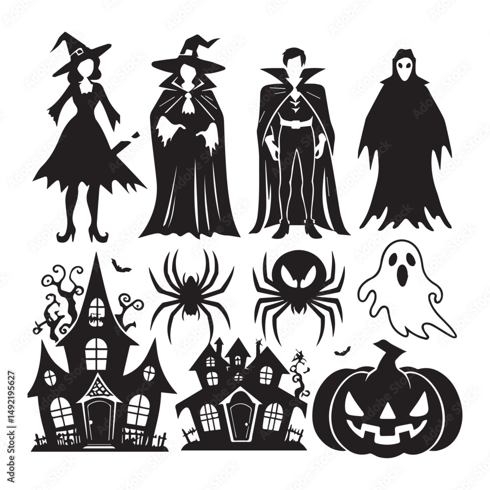 silhouette set of Halloweens, black color only, on white background silhouette set of Halloweens, black color only, on white background
