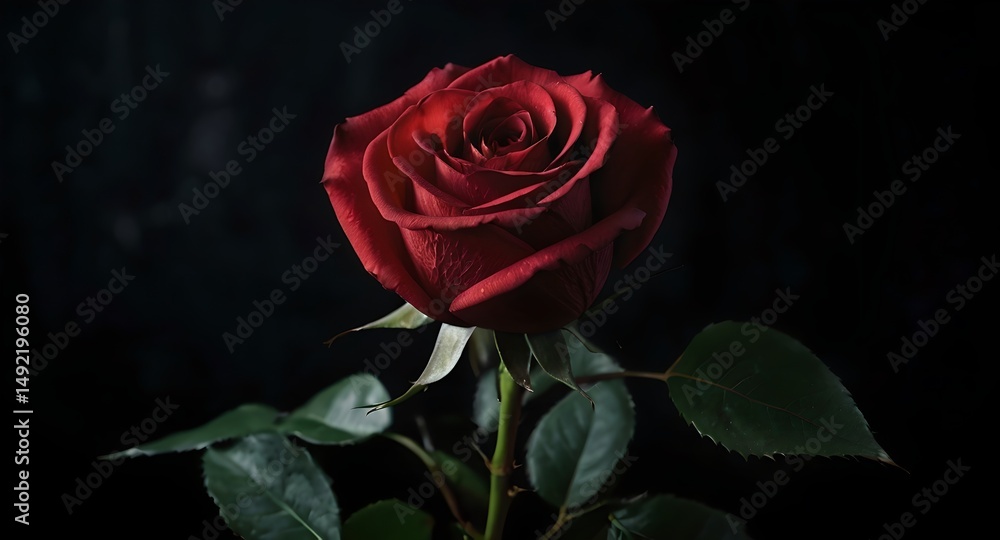 Naklejka premium A close-up of a red rose on a black background, captured in soft light, emphasizing its delicate petals and rich color.
