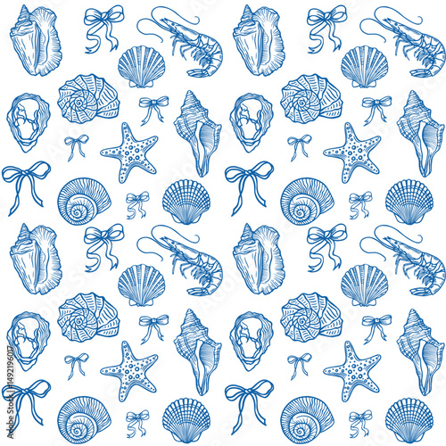 Seamless marine life pattern with seashells, starfish, and shrimp. Hand drawn vector illustration