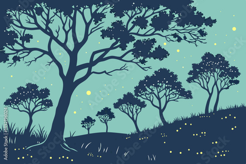 Glowing forest lit by magical fireflies vector illustration