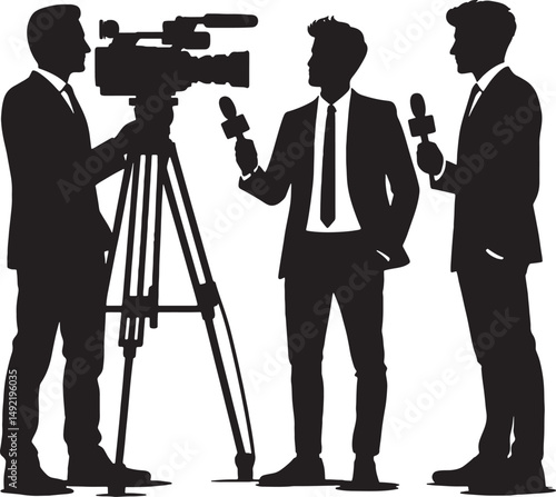 Silhouette illustration of a cameraman and reporters with microphones at event