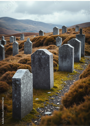 Lonely Highland Cemetery in Windswept Grasslands with Weathered Gravestones, Remote Burial Ground under Moody Sky with Distant Mountains and Dry Vegetation