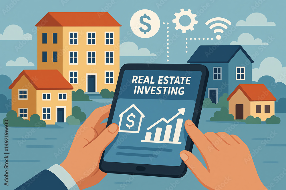 A hands-on approach to real estate investing illustrated with a tablet displaying financial growth and properties. A modern take on managing investments in today's digital world.