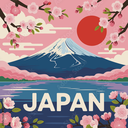 Japan Mount Fuji and Cherry Blossoms with Rising Sun Poster