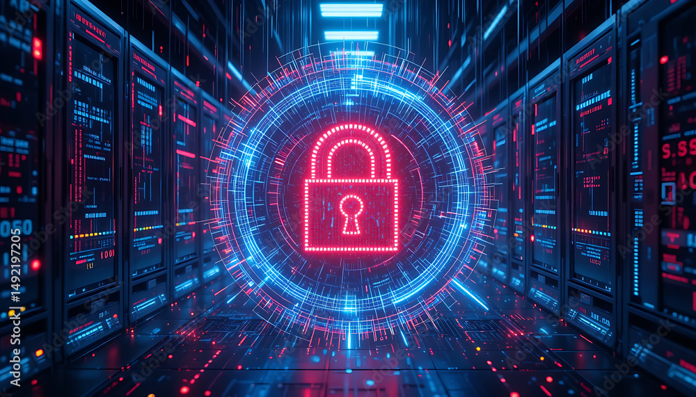 Obraz premium Glowing Padlock Icon in Server Room: Data Security Digital Future.