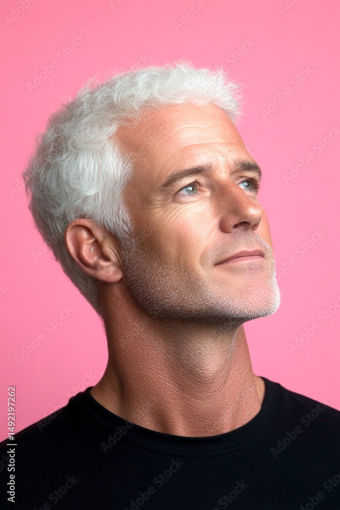 Obraz premium Concept art of style for aging men. A graceful man with a warm and welcoming smile. Pink solid background. Modish men's side part haircut - midlife white man with white hair.