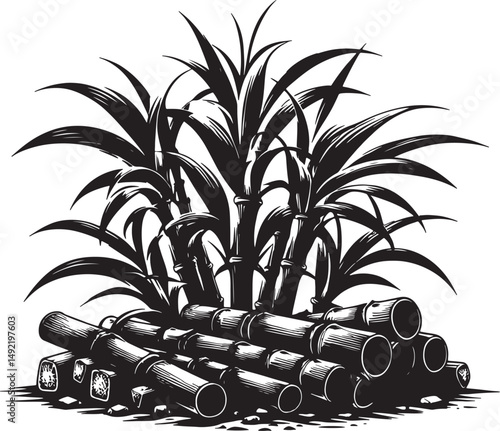 A monochrome illustration of sugarcane stalks and cut pieces in a pile close up
