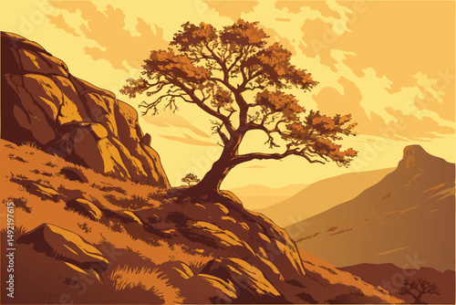 1 solitary tree on rocky mountain peak, autumn foliage, dramatic sunset light, digital art, epic landscape, intricate details, hyper-realistic, cinematic, 8k