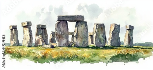 Ancient large standing stones arranged in a circular formation on grassy land under a cloudy sky, evoking a sense of mystery and history