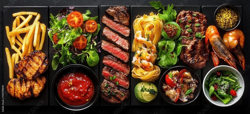 Variety of grilled meats including chicken, steak, shrimp served with fresh salad, pasta nests, dipping sauce, fries, and side dishes on black rectangular plates Variety of grilled meats including chicken, steak, shrimp served with fresh salad, pasta nests, dipping sauce, fries, and side dishes on black rectangular plates