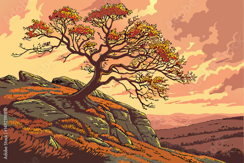 1 solitary tree on rocky mountain peak, autumn foliage, dramatic sunset light, digital art, epic landscape, intricate details, hyper-realistic, cinematic, 8k