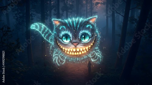 Glowing Cheshire Cat Figure Smiles in Dark Forest with Approaching Person