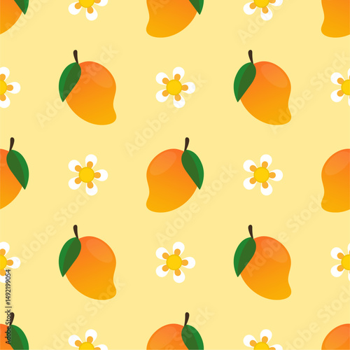 Vector seamless pattern with mango fruits. Summer tropical fruits on a white background.
