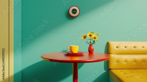 A cozy corner with a red table, yellow couch, and yellow wall.