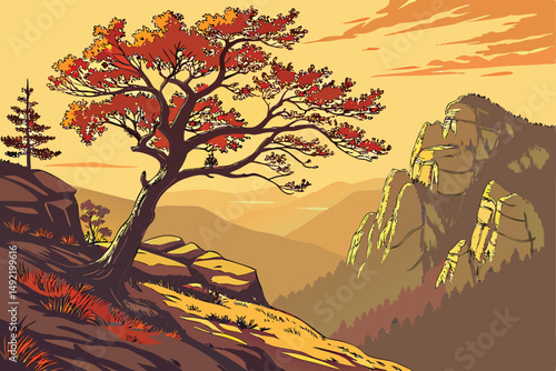 1 solitary tree on rocky mountain peak, autumn foliage, dramatic sunset light, digital art, epic landscape, intricate details, hyper-realistic, cinematic, 8k